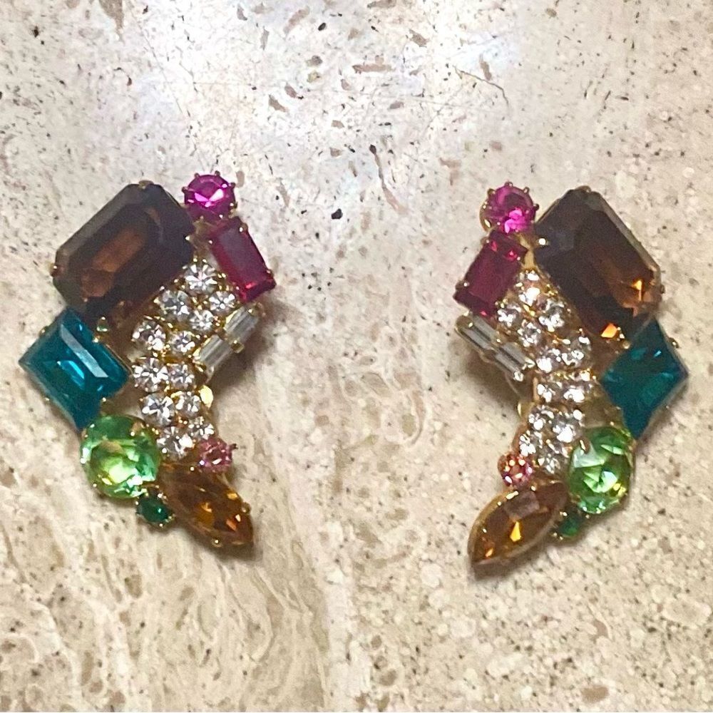 Vintage 1980s Multicolored Crystal Clip on Earrings